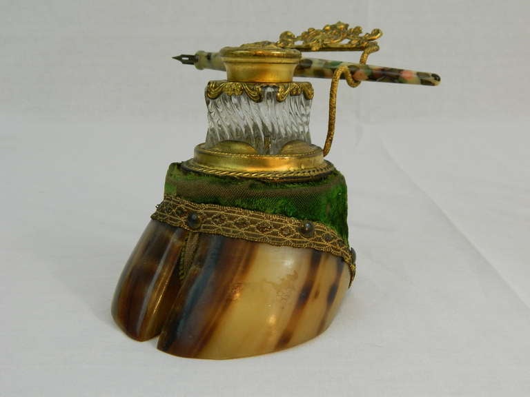 19th century Hoof Mounted Encrier or inkwell with brass fittings and glass ink pot and a pen rack.
