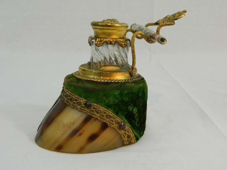 English Hoof Mounted Encrier or Inkwell with Brass Fittings, 19th Century