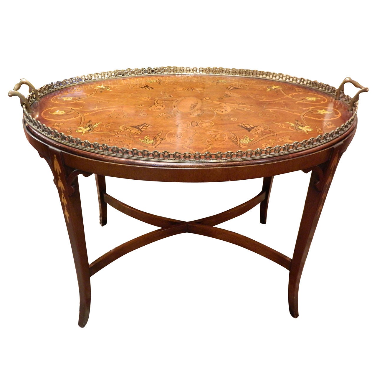20th Century Edwardian Style Inlaid Mahogany and Silver Tray on Stand