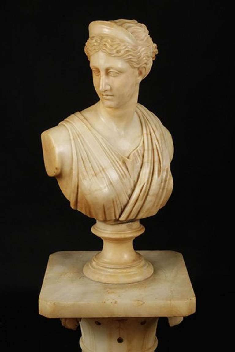 French Circa 1900's Carved Alabaster Bust of Diana Resting on Alabaster Pedestal