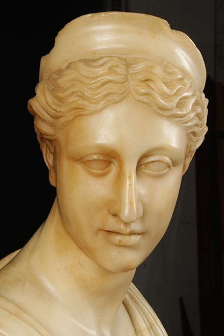 20th Century Circa 1900's Carved Alabaster Bust of Diana Resting on Alabaster Pedestal
