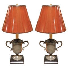 Pair of Victorian Twin-Handled Footed Pewter Cups Adapted as Lamps