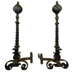 Pair of Wrought Iron Chenets or Andirons with Scrolls and Pierced Finial