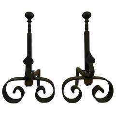 Pair of Small Iron Chenets or Andirons with Scrolls, 19th Century
