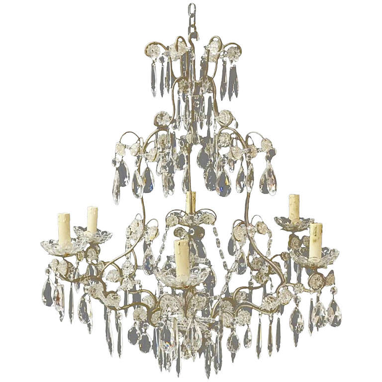 Early 20th Century Italian Silvered Metal and Crystal Six Light Chandelier