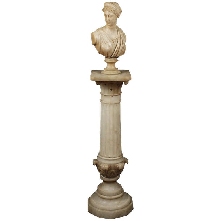 Circa 1900's Carved Alabaster Bust of Diana Resting on Alabaster Pedestal