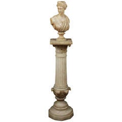 Circa 1900's Carved Alabaster Bust of Diana Resting on Alabaster Pedestal