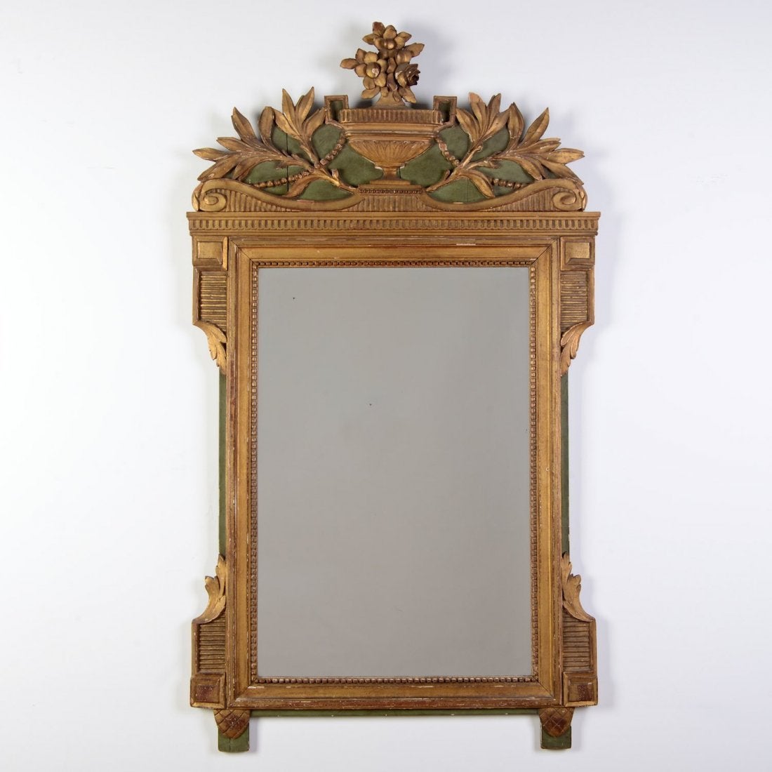 Continental Neoclassical Gilt, Green Painted Mirror, 19th Century, flowering urn and laurel sprig crest