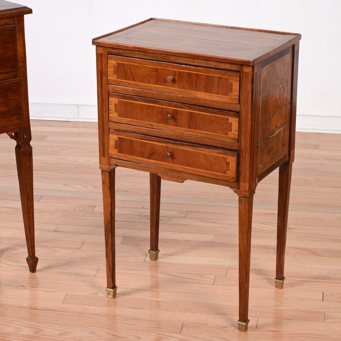 Italian Neoclassical Carved Inlaid Walnut Side Table with Three Drawers, 18th Century