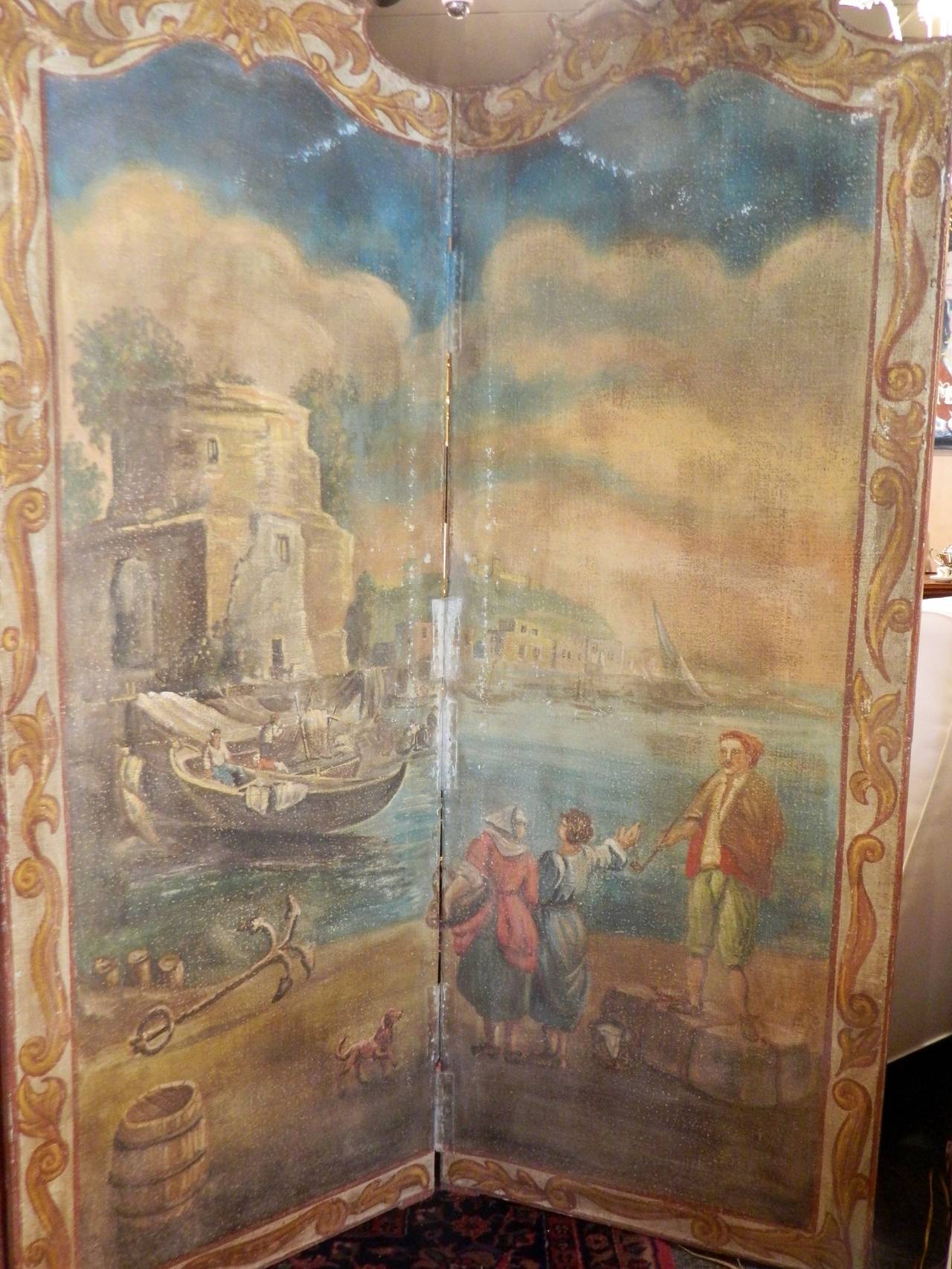 French Neoclassical Painted Canvas Four-Panel Screen Harbor Scene, 19th Century 4