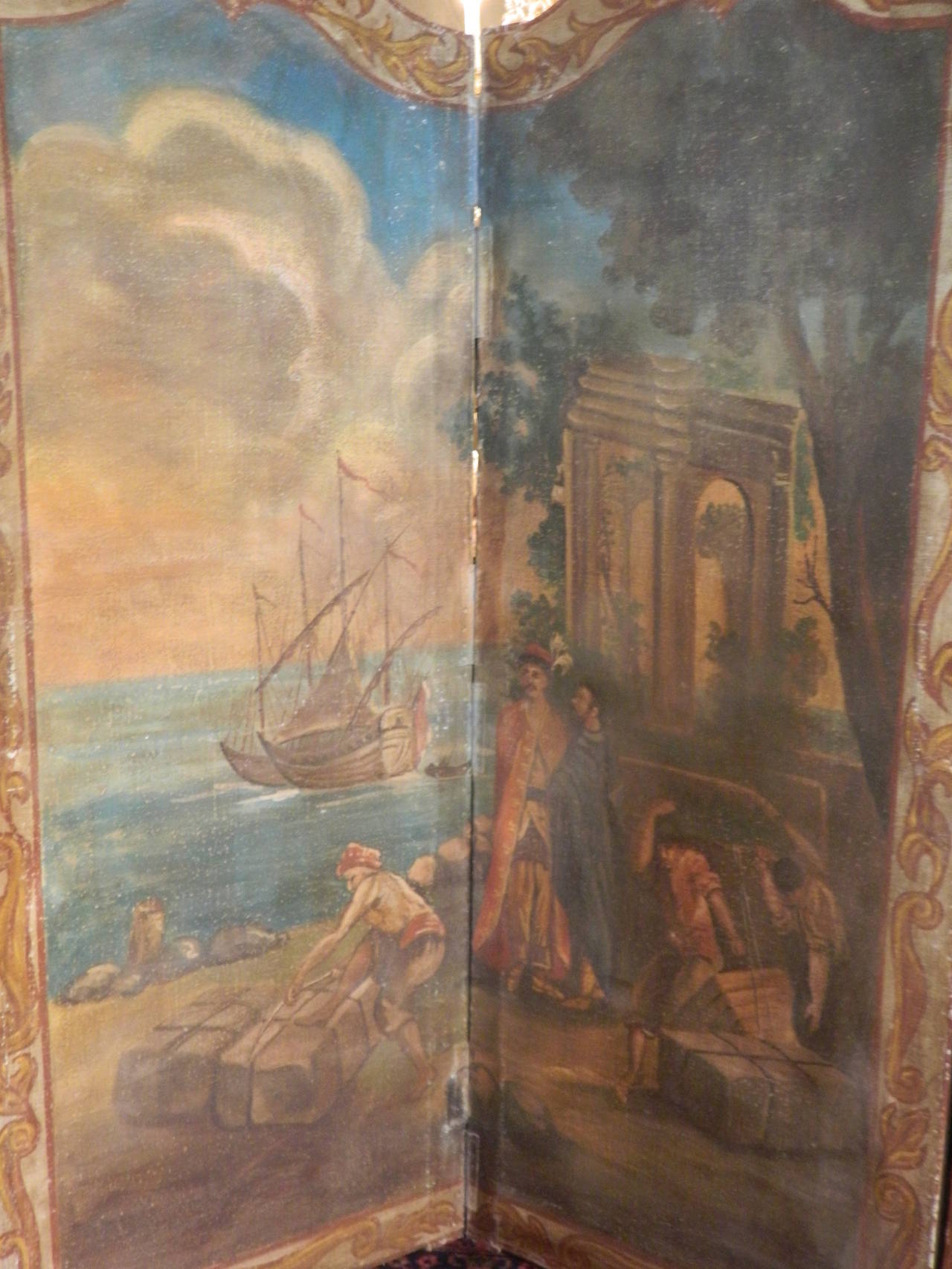 French Neoclassical Painted Canvas Four-Panel Screen Harbor Scene, 19th Century 3