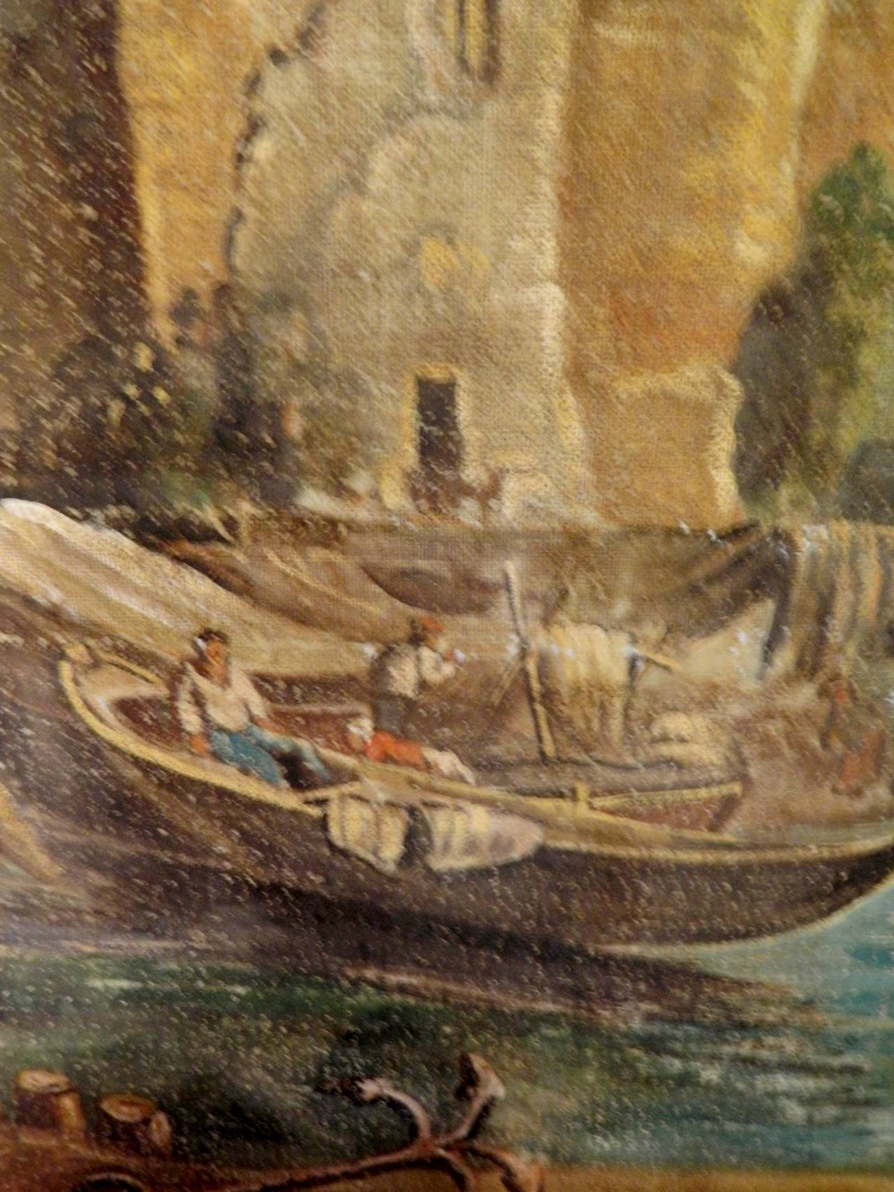 French Neoclassical Painted Canvas Four-Panel Screen Harbor Scene, 19th Century 5