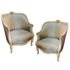 Pair of Louis XV Style Painted Bergeres or Armchairs, 19th Century
