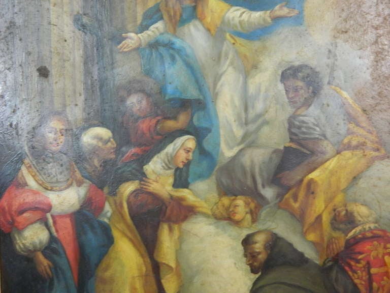 Peinture religieuse L'Ascension de Marie, huile sur cuivre encadrée, 19e siècle Bon état - En vente à Savannah, GA
