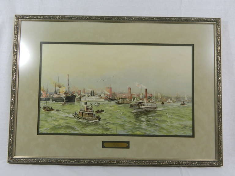 Framed lithograph of New York Harbor, circa 1900. A colorful and dynamic harbor view from the turn of the century by Willi Slowel. Framed in a silver leaf frame with UV glass.
  