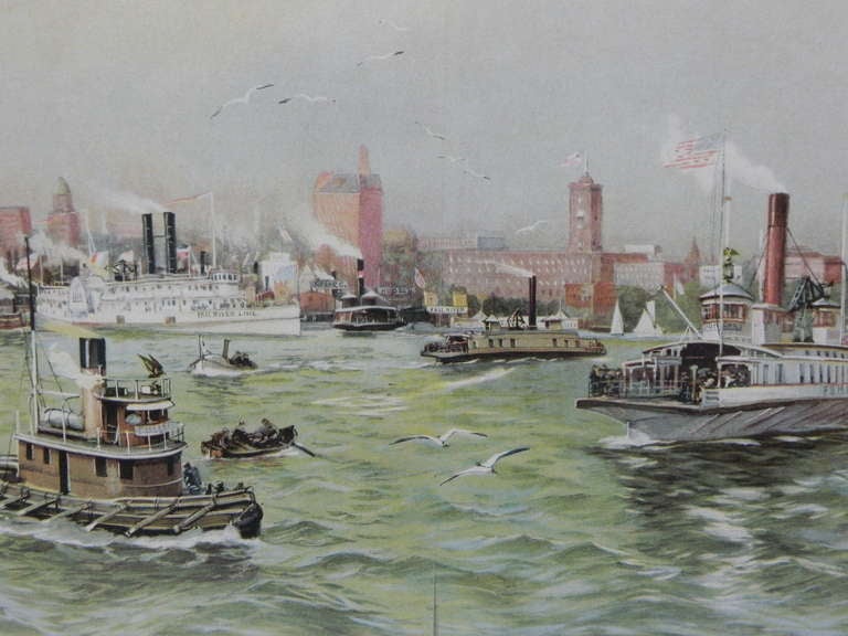 Framed Lithograph of New York Harbor, circa 1900 In Excellent Condition In Savannah, GA