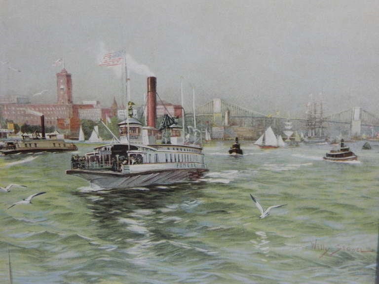 20th Century Framed Lithograph of New York Harbor, circa 1900