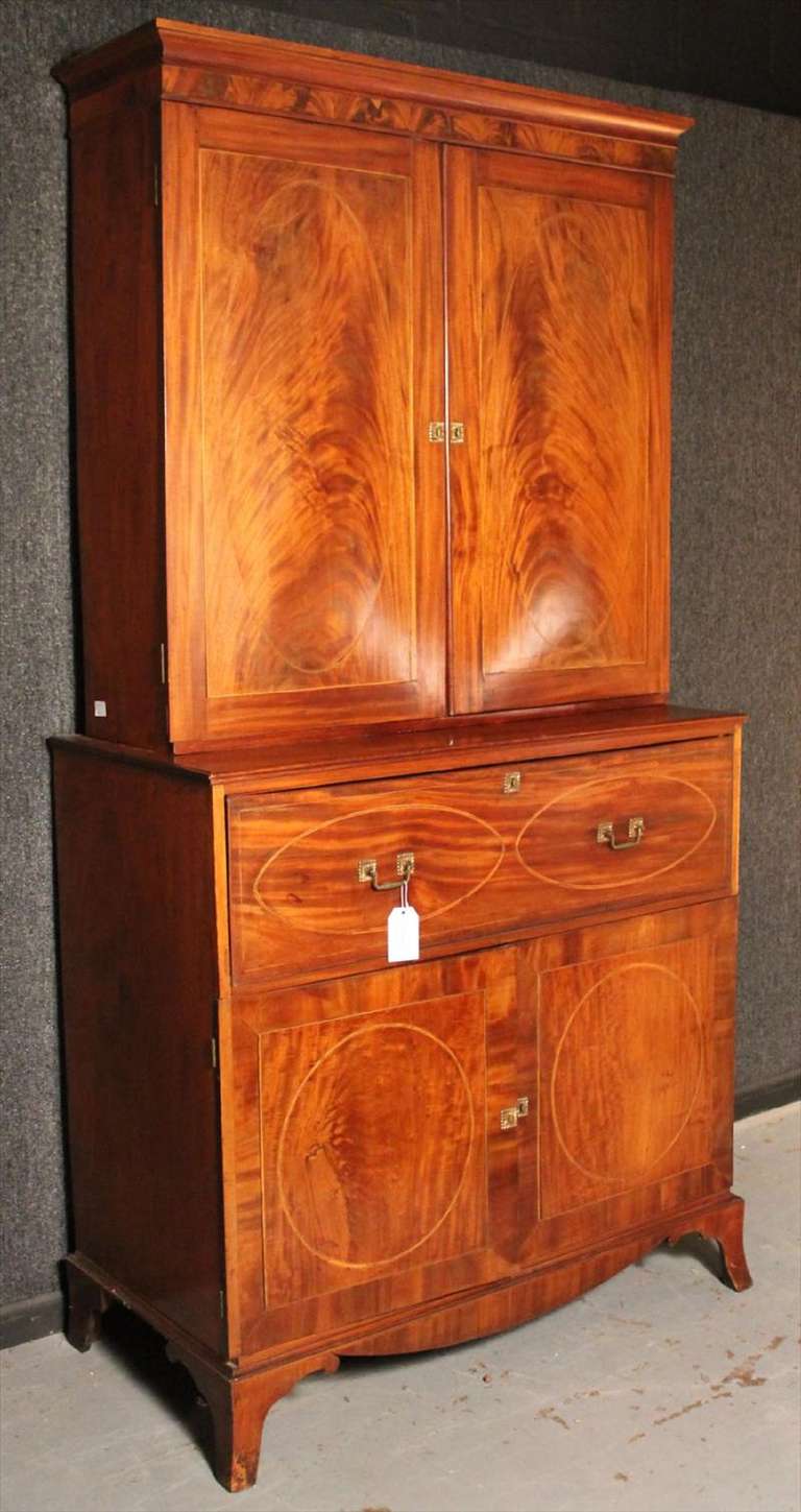 19th century American federal inlaid mahogany bookcase secretary.