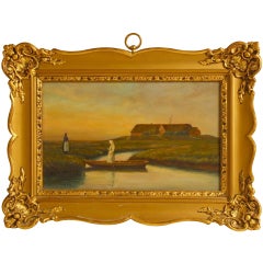 German Oil on Board Marshland Scene Depicting a Woman in a Boat
