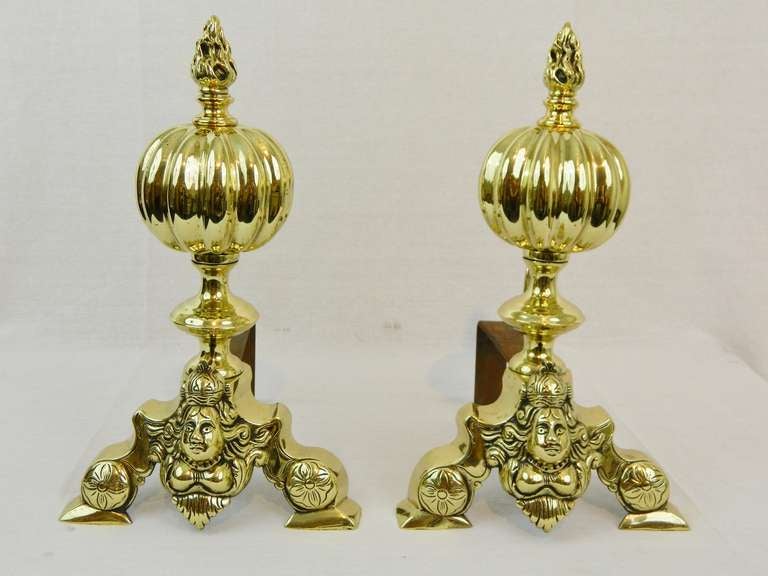 19th Century Pair of Chenets or Andirons with a Ball and Flame Finial
Professionally cleaned and polished