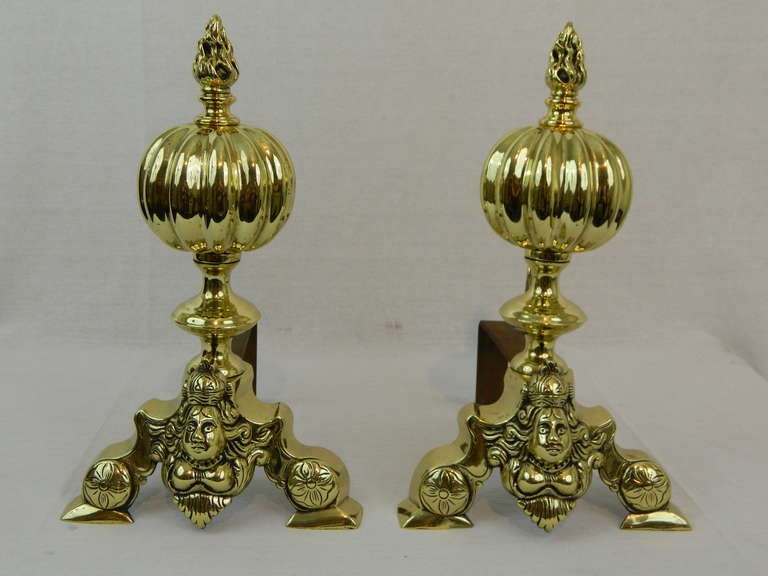 French Pair of Chenets or Andirons with a Ball and Flame Finial, 19th Century For Sale
