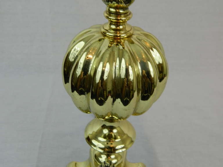 Brass Pair of Chenets or Andirons with a Ball and Flame Finial, 19th Century For Sale
