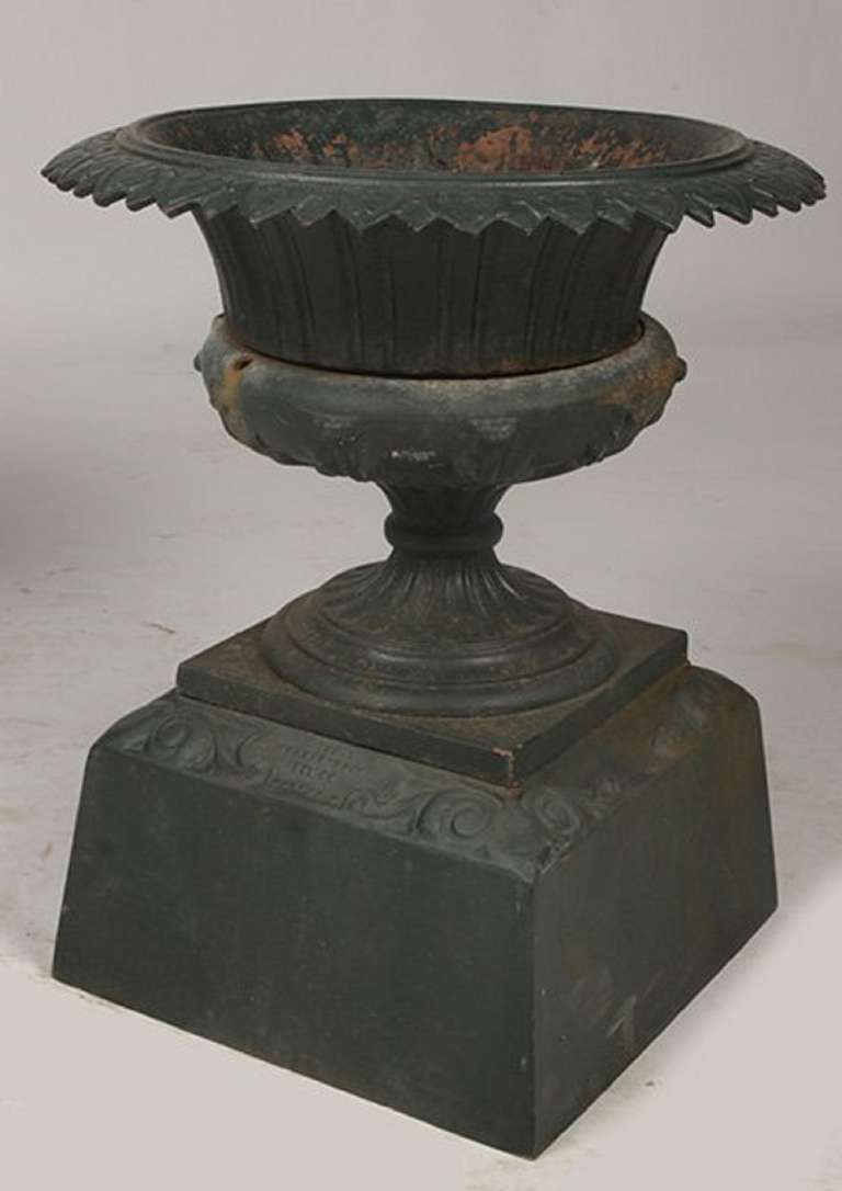 19th Century Pair of American Labeled Kramer Brothers Cast Iron Urns on Plinths In Distressed Condition In Savannah, GA