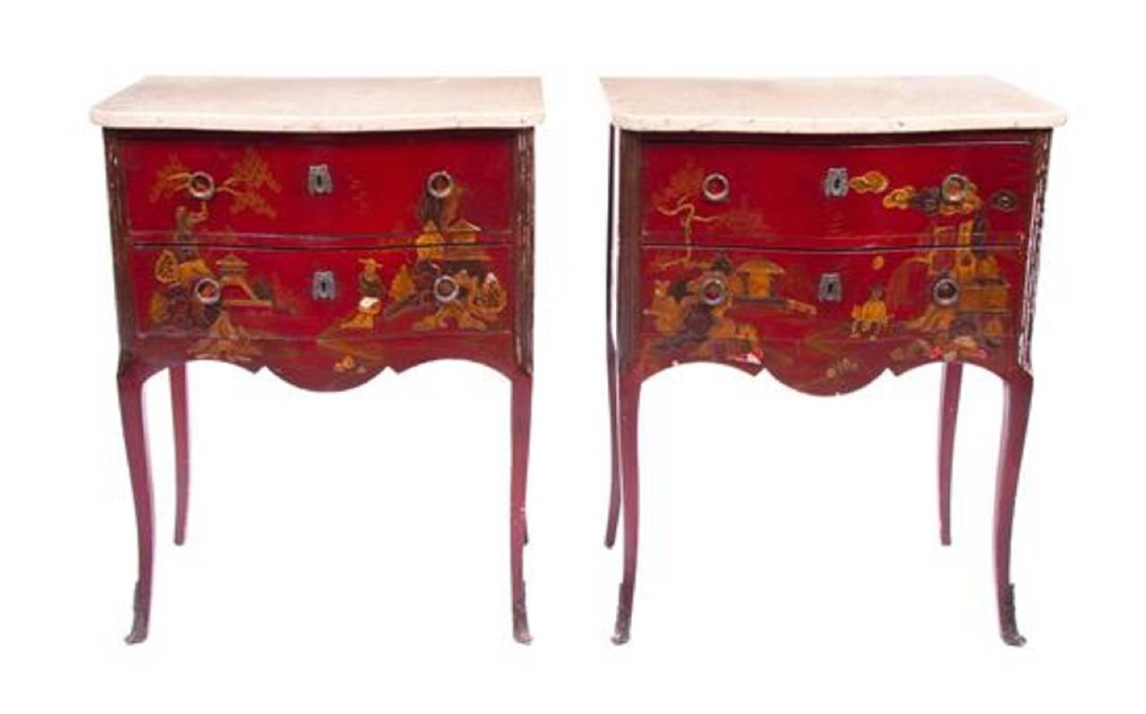 A pair of Louis XV style lacquered diminutive commodes, late 19th century. Each having a serpentine front with drawers decorated with chinoiserie scenes, raised on cabriole legs ending in sabots.