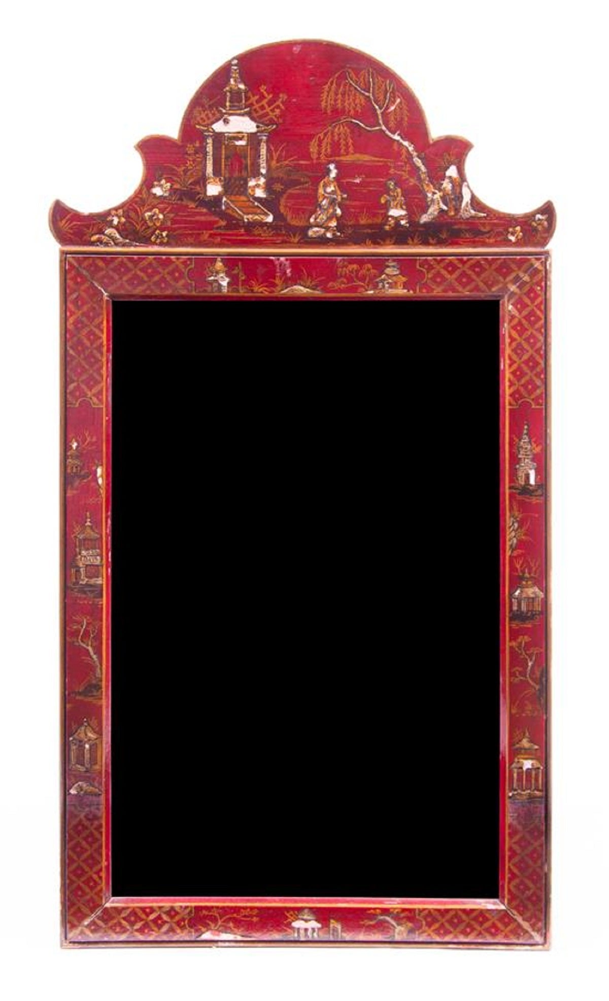Georgian Style Red Lacquered Mirror, Early 20th Century.  Having a domed crest decorated with a Chinoiserie scene above the vertical rectangular plate