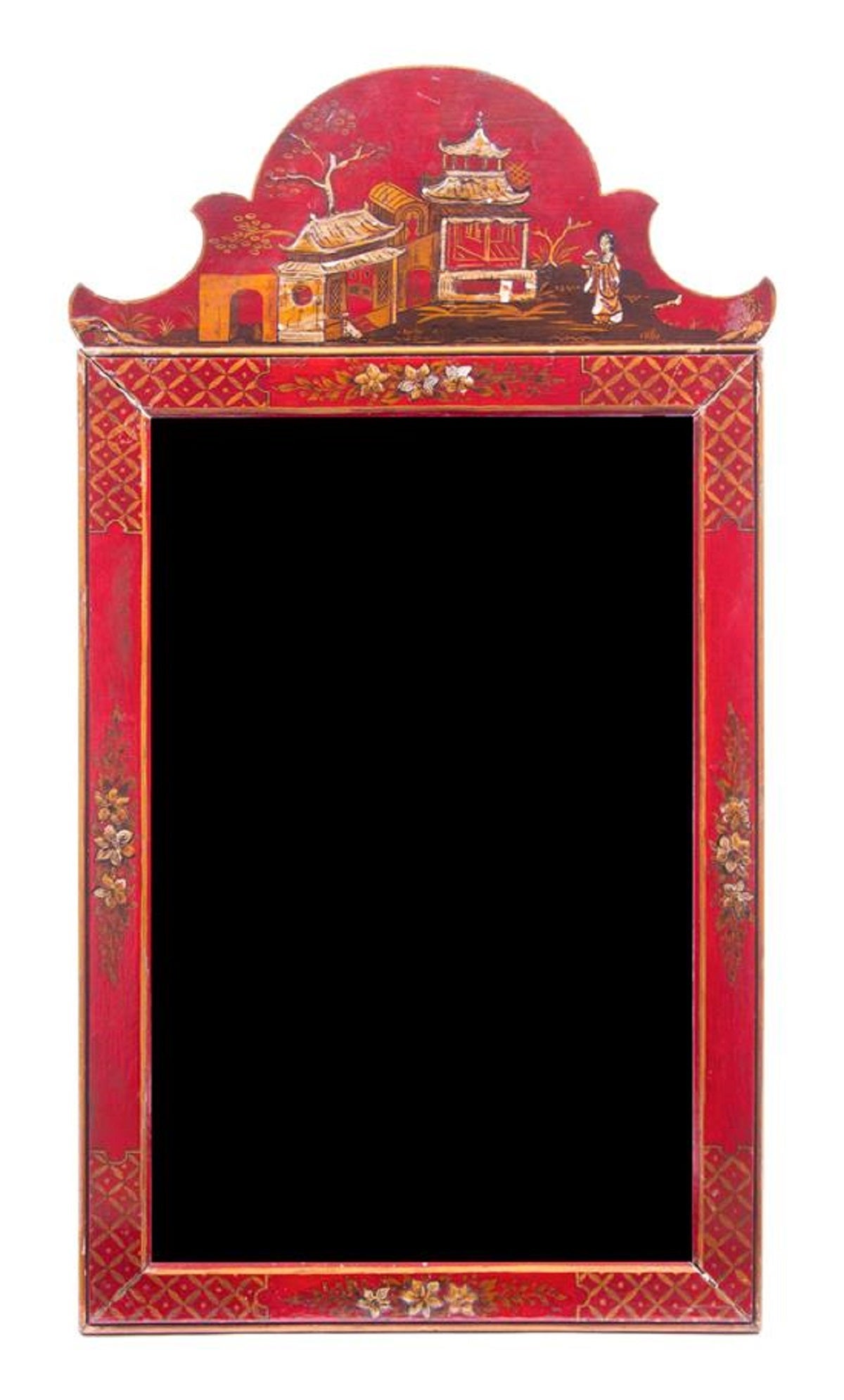 Georgian Style Red Lacquered Mirror, Early 20th Century.  Having a domed crest decorated with a Chinoiserie scene above the vertical rectangular plate