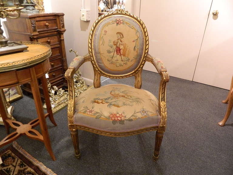 Louis XVI French Needlepoint Gold Gilt Sette, Early 19th Century  In Excellent Condition In Savannah, GA