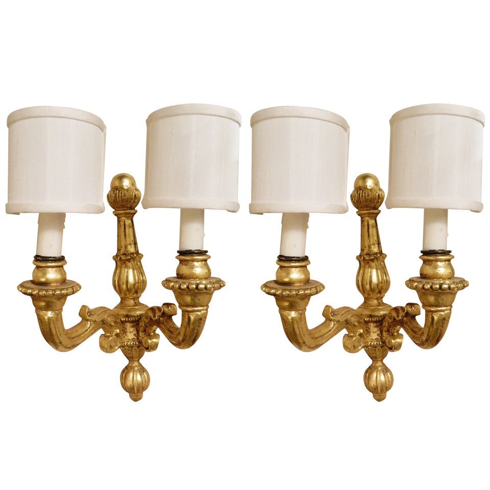 Pair of Italian Gold Leaf Wood Wall Sconces, 20th Century For Sale