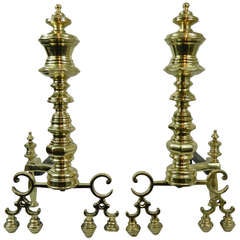 Pair of Chenets or Andirons with Tall Columns and Scrolls, 19th Century