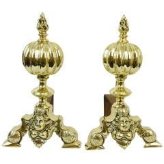 Pair of Chenets or Andirons with a Ball and Flame Finial, 19th Century