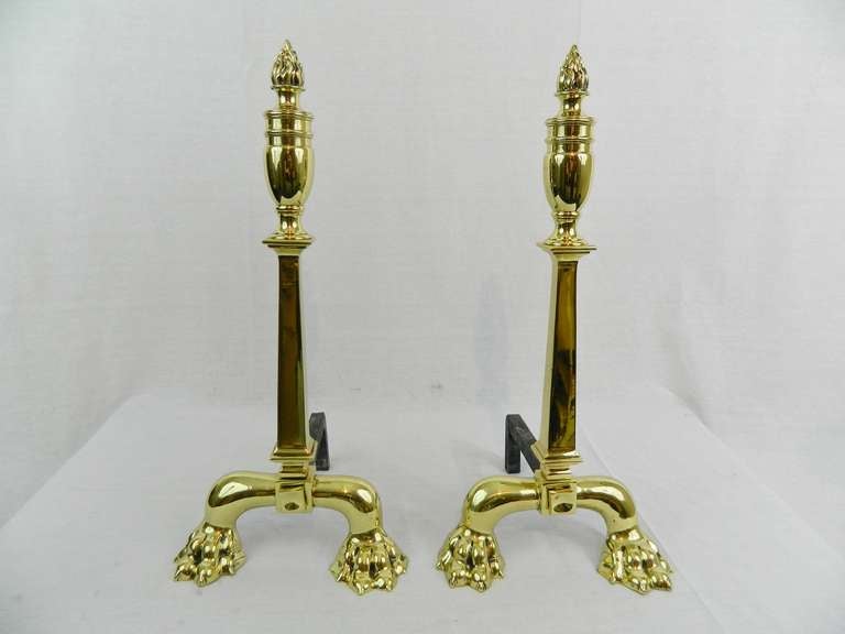 19th Century Pair of Tall Chenets or Andirons with Paw Feet and Flame Finial.  Professionally cleaned and polished