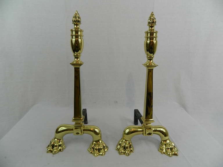 French Pair of Tall Chenets or Andirons with Paw Feet and Flame Finials, 19th Century
