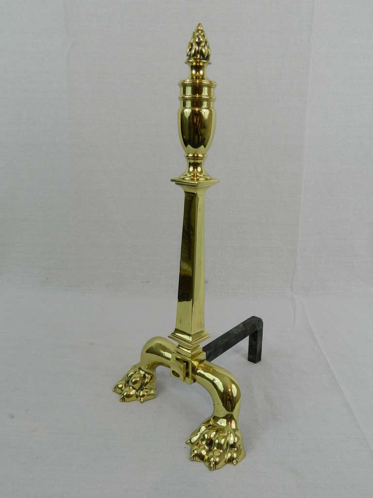 Pair of Tall Chenets or Andirons with Paw Feet and Flame Finials, 19th Century In Good Condition In Savannah, GA