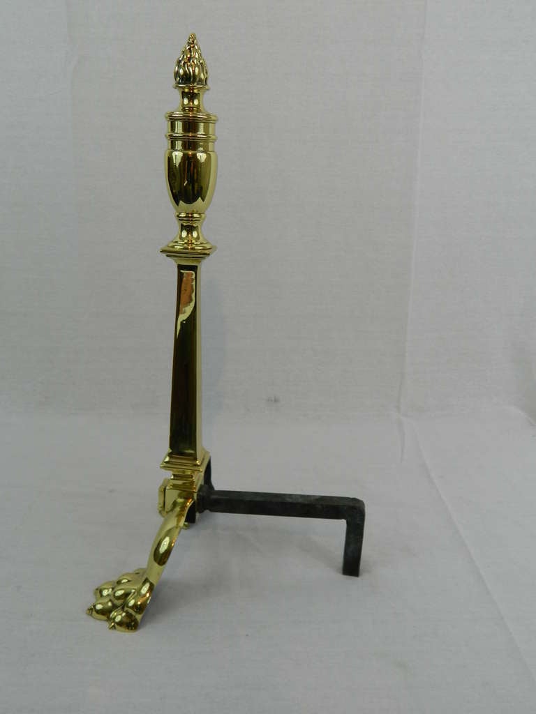 Brass Pair of Tall Chenets or Andirons with Paw Feet and Flame Finials, 19th Century
