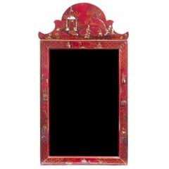 Georgian Style Red Lacquered Chinoiserie Mirror, Early 20th Century