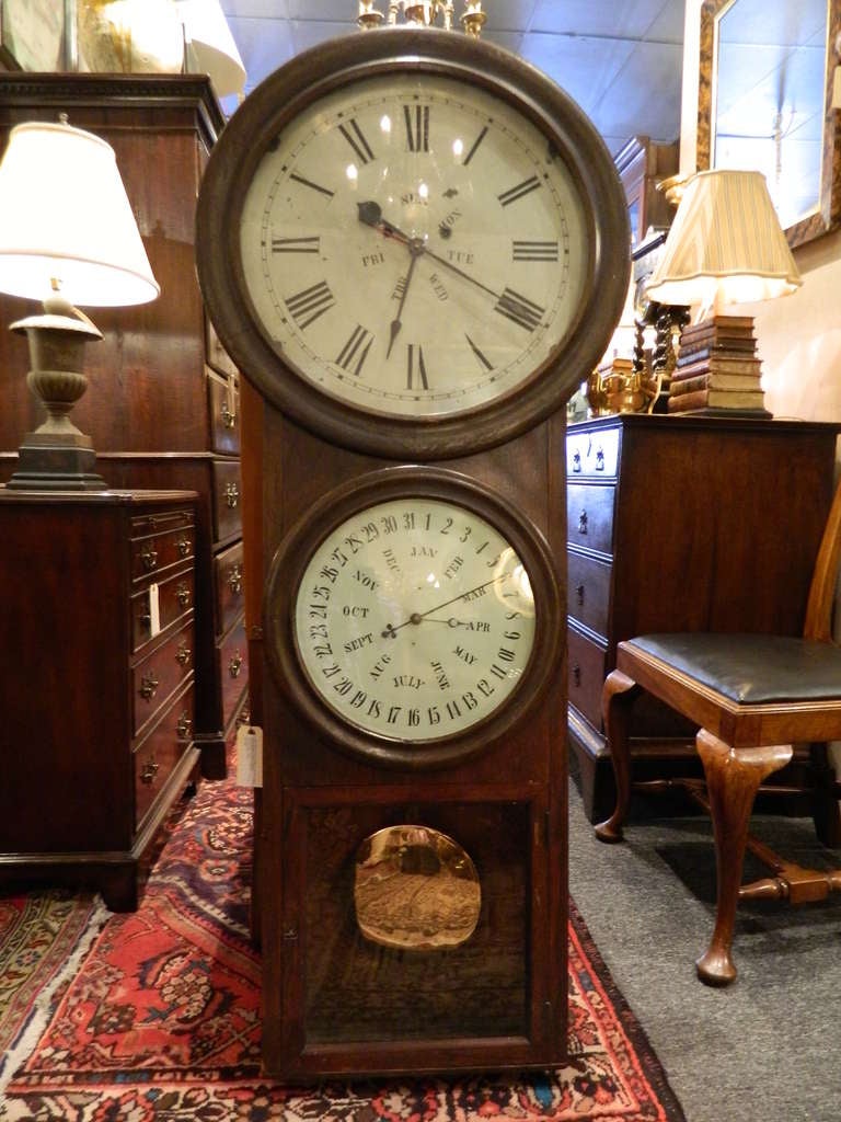 19. Jahrhundert B.B. Lewis Double Dial Perpetual Calendar Wall Clock:: hergestellt von 