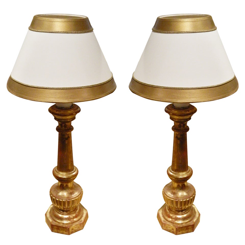 Pair of Gold Gilded Italian Prickets Adapted as Lamps, 19th Century