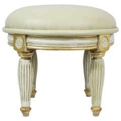 Round French Hand-Painted Stool Upholstered in Leather, 20th Century