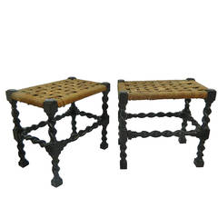 Pair of English Oak Barley Twist Stools with Rope Seats, 19th Century