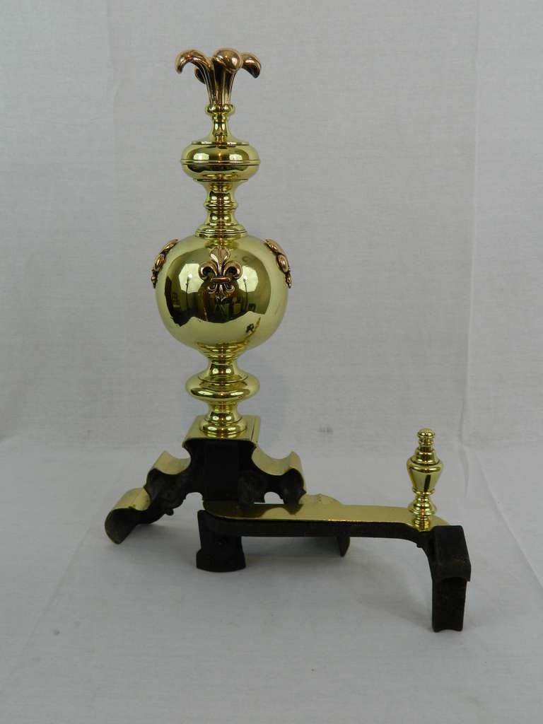 Brass Pair of Chenets or Andirons with a Fleur-de-Lys Motif Finials, 19th Century