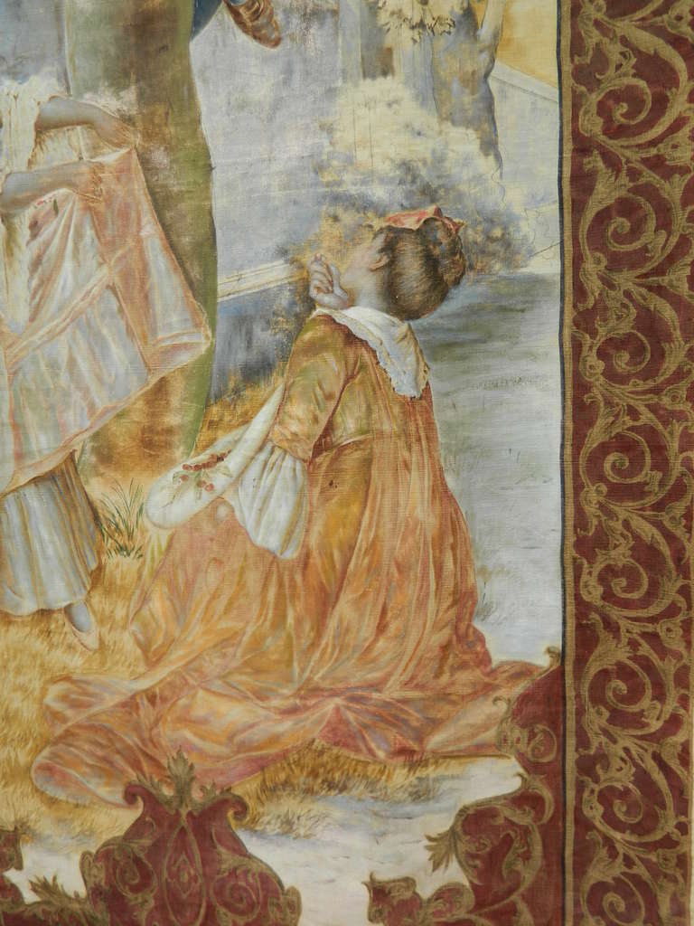 Französischer Wandteppich aus dem 19. Jahrhundert mit der Darstellung eines Jungen und zwei Mädchens, die Kirschen picken im Zustand „Gut“ im Angebot in Savannah, GA
