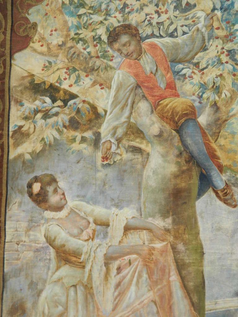 XIXe siècle Tapisserie française du 19ème siècle représentant un garçon et deux filles ramassant des cerises en vente