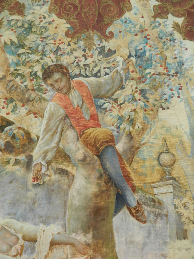 Tissu Tapisserie française du 19ème siècle représentant un garçon et deux filles ramassant des cerises en vente