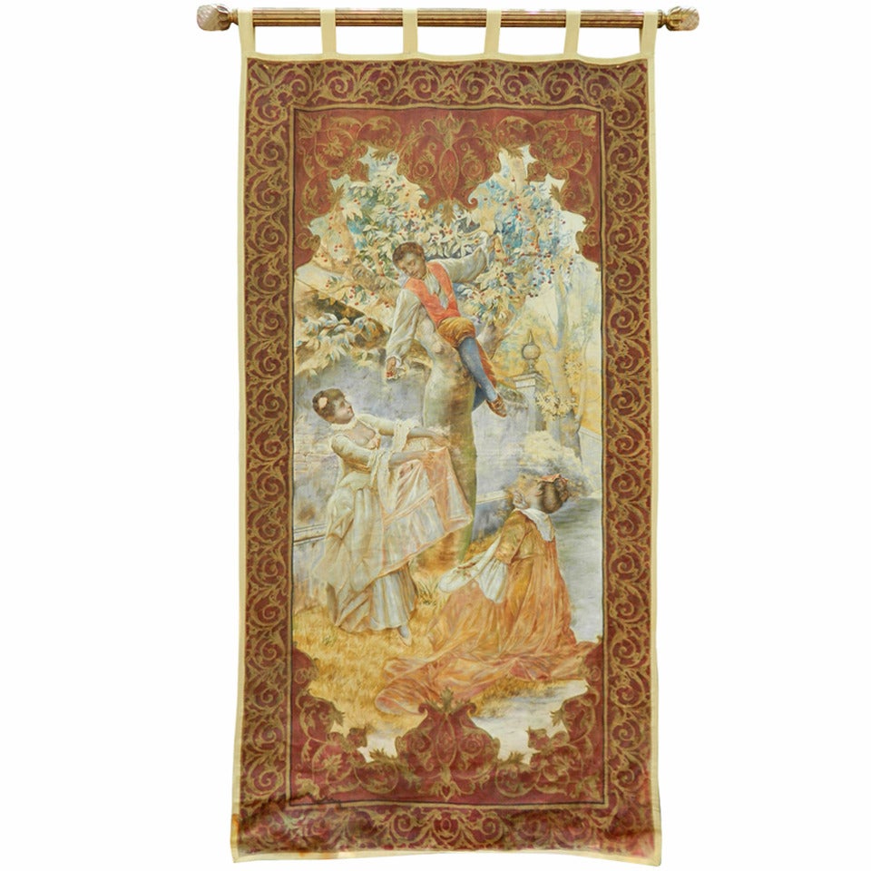 19th Century French Tapestry Depicting a Boy and Two Girls Picking Up Cherries For Sale