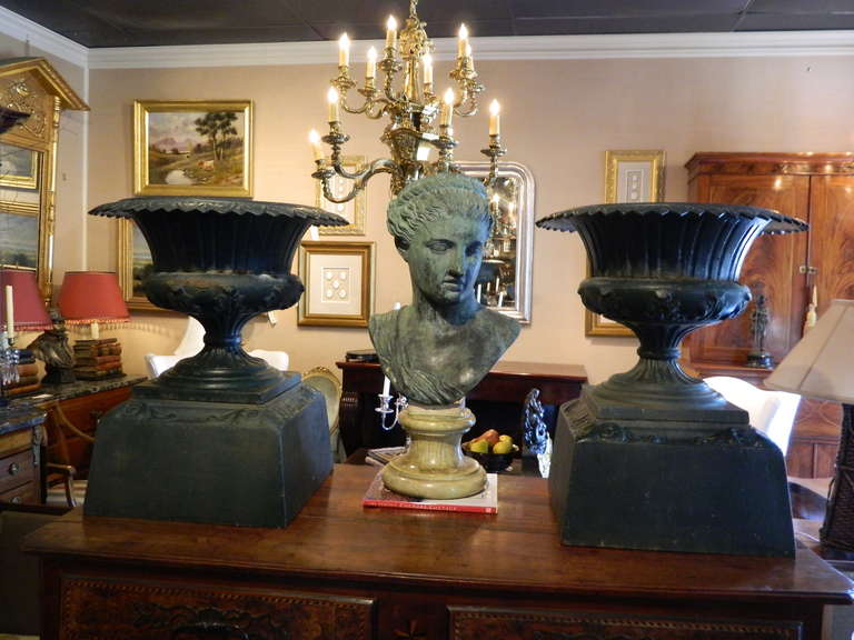 19th Century Pair of American Labeled Kramer Brothers Cast Iron Urns on Plinths 4