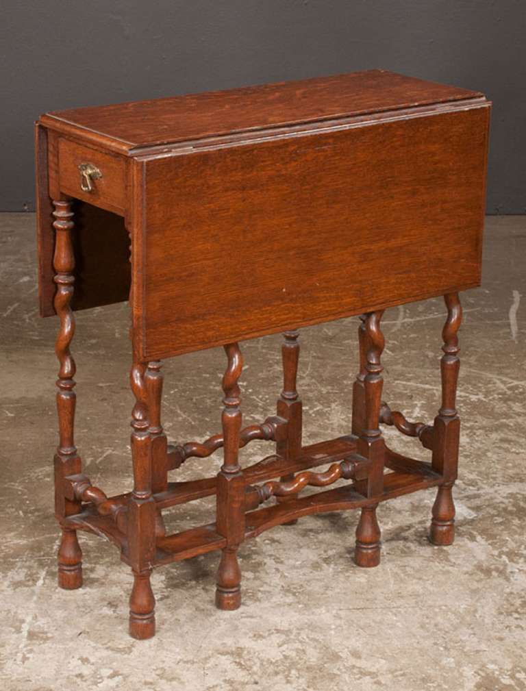 19th Century English Oak Gate Leg Table on Barley Twist Legs with Stretchers 1